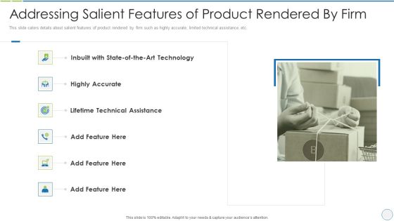 product specification slide addressing salient features of product rendered by firm themes pdf