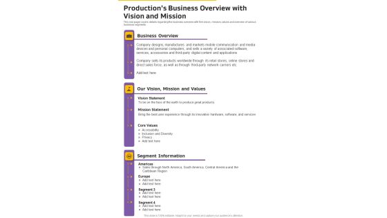 Productions Business Overview With Vision And Mission One Pager Documents Productions Business Overview With Vision And Mission One Pager Documents