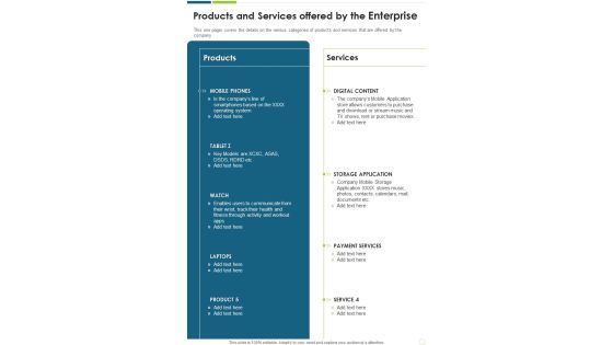 Products And Services Offered By The Enterprise One Pager Documents