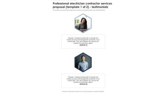 Professional Electrician Contractor Services Proposal Testimonials One Pager Sample Example Document Professional Electrician Contractor Services Proposal Testimonials One Pager Sample Example Document