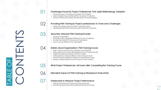 Professional Scrum Master Certification Training Program IT Table Of Contents Summary PDF