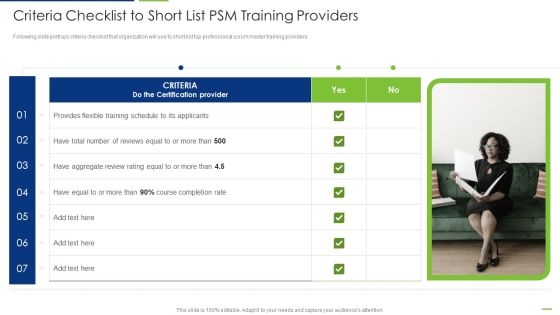 Professional Scrum Master Criteria Checklist To Short List PSM Training Providers Mockup PDF Professional Scrum Master Criteria Checklist To Short List PSM Training Providers Mockup PDF