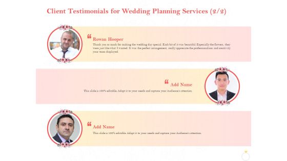 Professional Wedding Planner Client Testimonials For Wedding Planning Services Creativity Ppt Pictures Graphics Tutorials PDF Professional Wedding Planner Client Testimonials For Wedding Planning Services Creativity Ppt Pictures Graphics Tutorials PDF