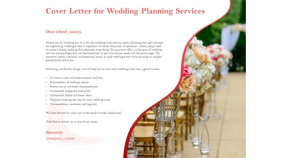 Professional Wedding Planner Cover Letter For Wedding Planning Services Ppt PowerPoint Presentation Inspiration Background PDF Professional Wedding Planner Cover Letter For Wedding Planning Services Ppt PowerPoint Presentation Inspiration Background PDF