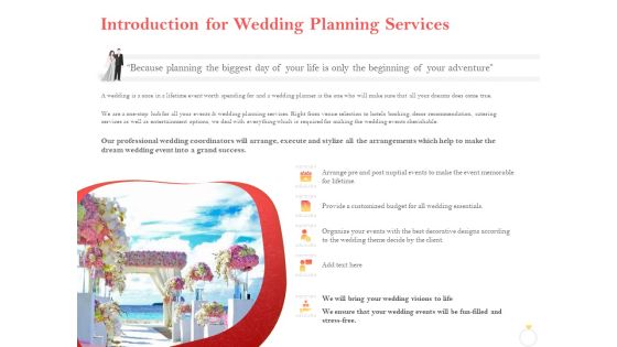 Professional Wedding Planner Introduction For Wedding Planning Services Ppt PowerPoint Presentation Slides Graphics Download PDF Professional Wedding Planner Introduction For Wedding Planning Services Ppt PowerPoint Presentation Slides Graphics Download PDF