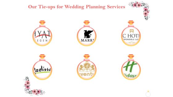 Professional Wedding Planner Our Tie Ups For Wedding Planning Services Ppt PowerPoint Presentation Infographics Master Slide PDF Professional Wedding Planner Our Tie Ups For Wedding Planning Services Ppt PowerPoint Presentation Infographics Master Slide PDF