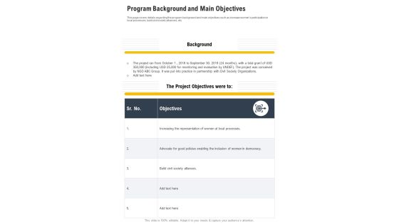 Program Background And Main Objectives One Pager Documents