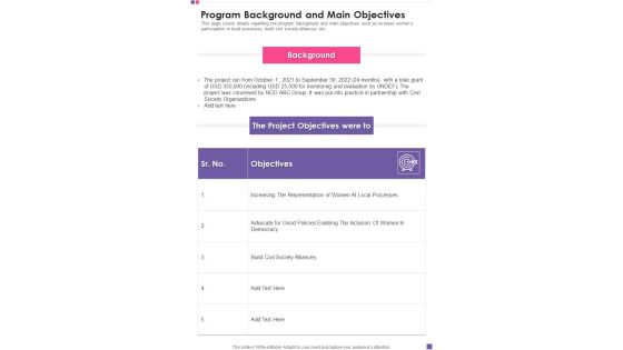 Program Background And Main Objectives Template 116 One Pager Documents Program Background And Main Objectives Template 116 One Pager Documents