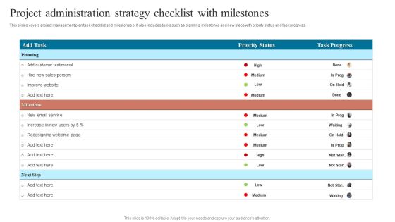 Project Administration Strategy Checklist With Milestones Summary PDF Project Administration Strategy Checklist With Milestones Summary PDF