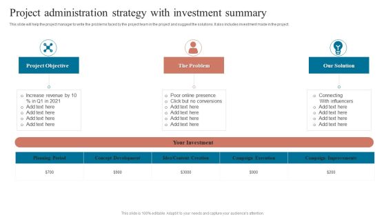 Project Administration Strategy With Investment Summary Infographics PDF Project Administration Strategy With Investment Summary Infographics PDF