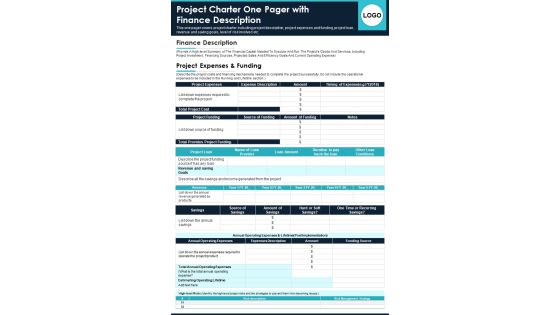 Project Charter One Pager With Finance Description PDF Document PPT Template Project Charter One Pager With Finance Description PDF Document PPT Template