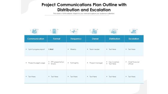 Project Communications Plan Outline With Distribution And Escalation Ppt PowerPoint Presentation File Graphics PDF