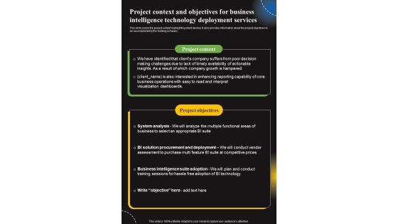 Project Context And Objectives For Business Intelligence Technology Deployment Services One Pager Sample Example Document Project Context And Objectives For Business Intelligence Technology Deployment Services One Pager Sample Example Document