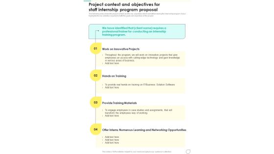 Project Context And Objectives For Staff Internship Program Proposal One Pager Sample Example Document
