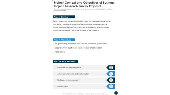 Project Context And Objectives Of Business Project Research Survey Proposal One Pager Sample Example Document Project Context And Objectives Of Business Project Research Survey Proposal One Pager Sample Example Document