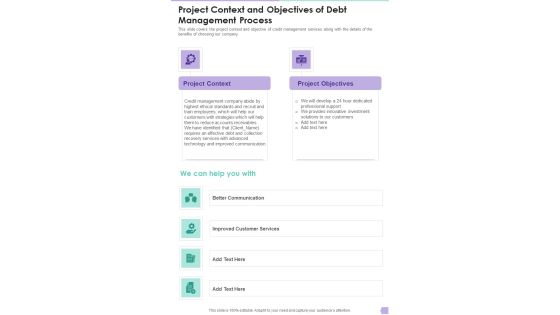 Project Context And Objectives Of Debt Management Process One Pager Sample Example Document