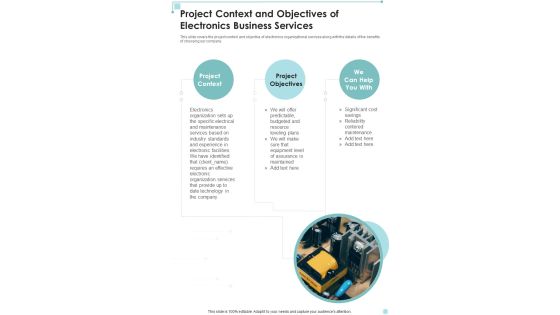Project Context And Objectives Of Electronics Business Services One Pager Sample Example Document Project Context And Objectives Of Electronics Business Services One Pager Sample Example Document