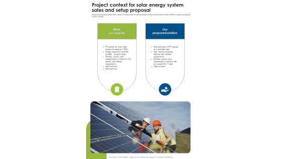 Project Context For Solar Energy System Sales And Setup Proposal One Pager Sample Example Document Project Context For Solar Energy System Sales And Setup Proposal One Pager Sample Example Document