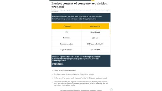 Project Context Of Company Acquisition Proposal One Pager Sample Example Document