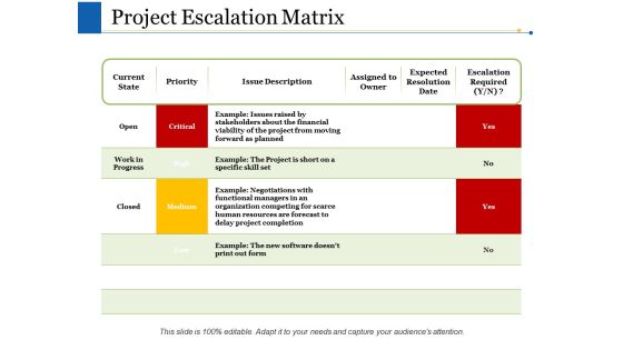 Project Escalation Matrix Ppt PowerPoint Presentation Inspiration Graphics Download