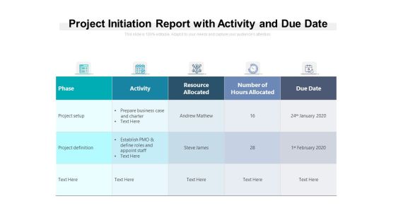 Project Initiation Report With Activity And Due Date Ppt PowerPoint Presentation Layouts Vector PDF Project Initiation Report With Activity And Due Date Ppt PowerPoint Presentation Layouts Vector PDF