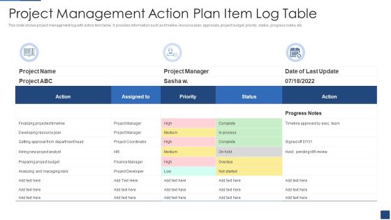 Project Management Action Plan Item Log Table Ppt PowerPoint Presentation Gallery Designs Download PDF Project Management Action Plan Item Log Table Ppt PowerPoint Presentation Gallery Designs Download PDF