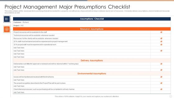 Project Management Major Presumptions Checklist Template PDF Project Management Major Presumptions Checklist Template PDF