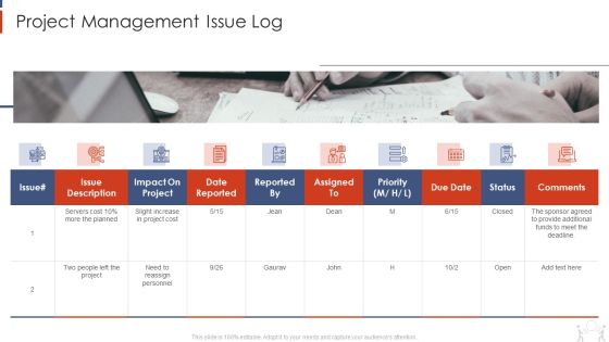Project Management Modelling Techniques IT Project Management Issue Log Background PDF