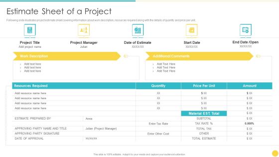 Project Management Professional Toolset IT Estimate Sheet Of A Project Slides PDF Project Management Professional Toolset IT Estimate Sheet Of A Project Slides PDF