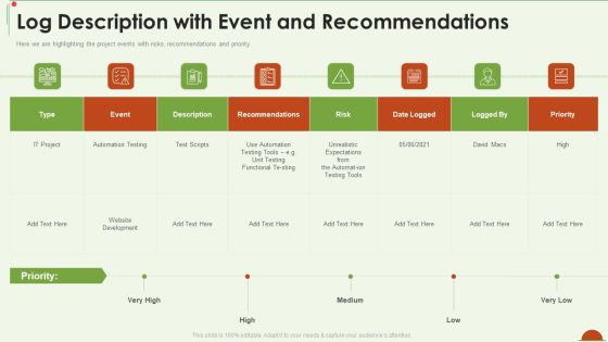 Project Management Under Supervision Log Description With Event And Recommendations Portrait PDF Project Management Under Supervision Log Description With Event And Recommendations Portrait PDF