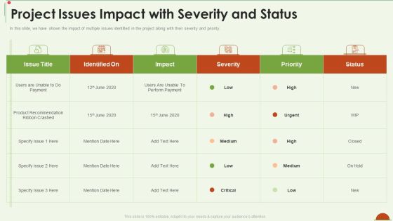 Project Management Under Supervision Project Issues Impact With Severity And Status Information PDF