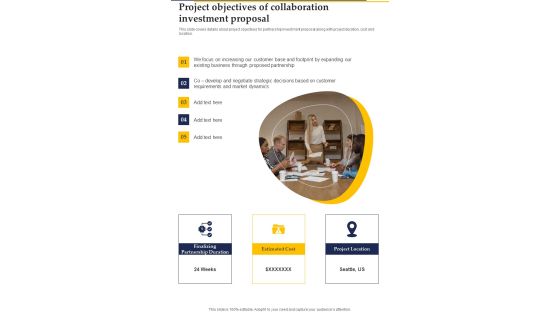 Project Objectives Of Collaboration Investment Proposal One Pager Sample Example Document Project Objectives Of Collaboration Investment Proposal One Pager Sample Example Document