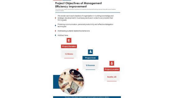 Project Objectives Of Management Efficiency Improvement One Pager Sample Example Document Project Objectives Of Management Efficiency Improvement One Pager Sample Example Document