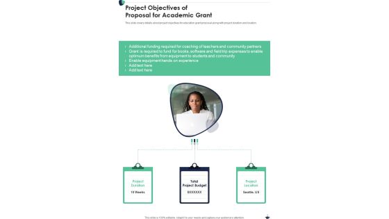 Project Objectives Of Proposal For Academic Grant One Pager Sample Example Document
