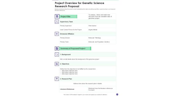 Project Overview For Genetic Science Research Proposal One Pager Sample Example Document Project Overview For Genetic Science Research Proposal One Pager Sample Example Document