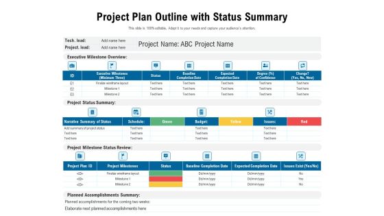 Project Plan Outline With Status Summary Ppt PowerPoint Presentation File Diagrams PDF