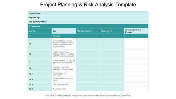 Project Planning And Risk Analysis Template Ppt PowerPoint Presentation Styles Layout Ideas
