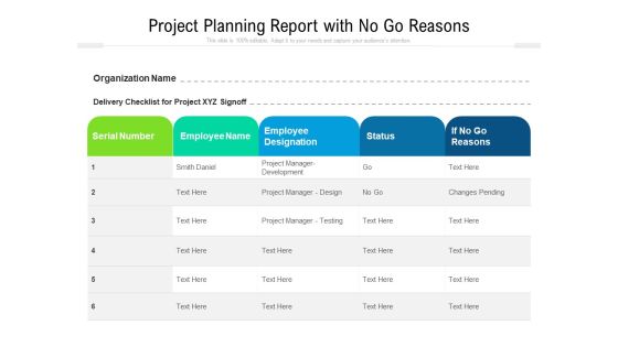 Project Planning Report With No Go Reasons Ppt PowerPoint Presentation Gallery Graphic Tips PDF