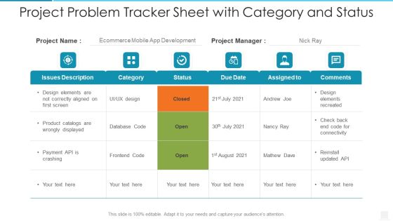 Project Problem Tracker Sheet With Category And Status Elements PDF Project Problem Tracker Sheet With Category And Status Elements PDF