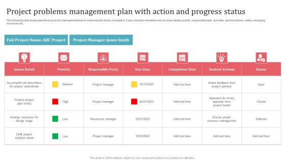 Project Problems Management Plan With Action And Progress Status Clipart PDF