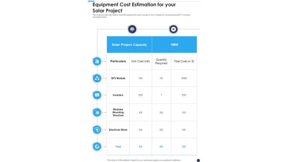 Project Proposal For Solar Panel Sales Equipment Cost Estimation One Pager Sample Example Document Project Proposal For Solar Panel Sales Equipment Cost Estimation One Pager Sample Example Document