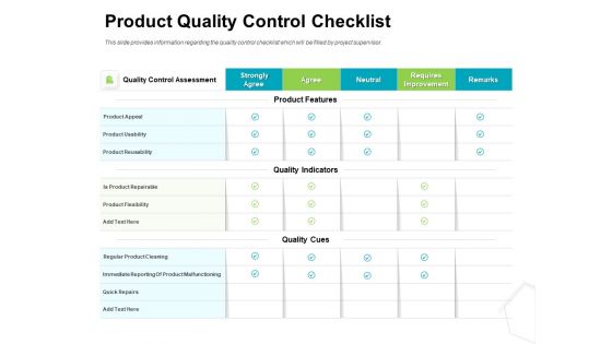 Project Quality Management Plan Product Quality Control Checklist Ppt Gallery Graphic Tips PDF