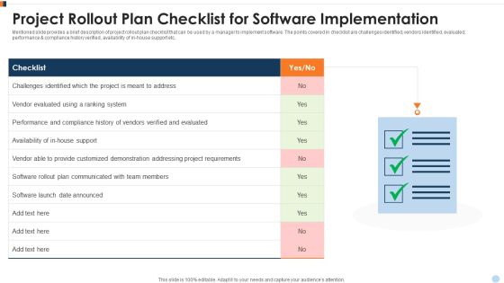 Project Rollout Plan Checklist For Software Implementation Ppt Outline Pictures PDF