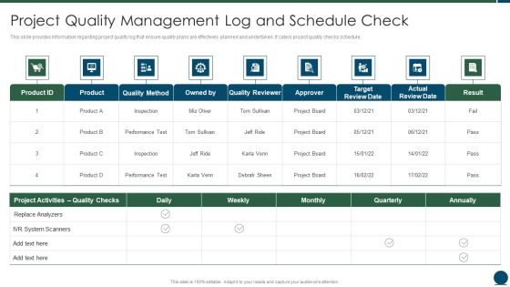 Project Scope Management Playbook Project Quality Management Log And Schedule Check Themes PDF Project Scope Management Playbook Project Quality Management Log And Schedule Check Themes PDF