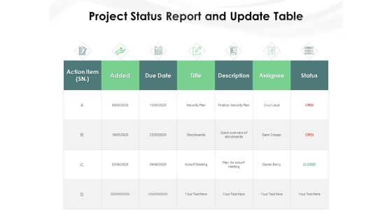 Project Status Report And Update Table Ppt PowerPoint Presentation File Show PDF