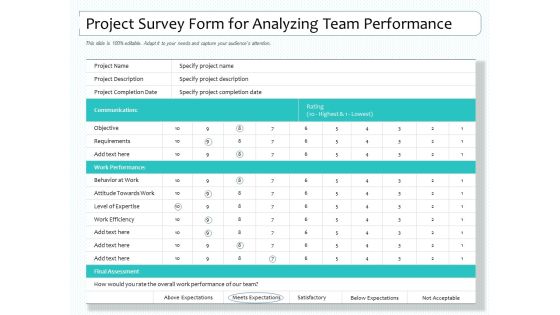 Project Survey Form For Analyzing Team Performance Ppt PowerPoint Presentation Inspiration Example Topics PDF