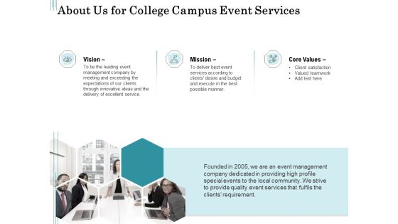 Promoting University Event About Us For College Campus Event Services Ppt Model Example PDF Promoting University Event About Us For College Campus Event Services Ppt Model Example PDF