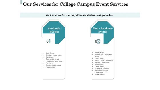 Promoting University Event Our Services For College Campus Event Services Ppt Layouts Brochure PDF