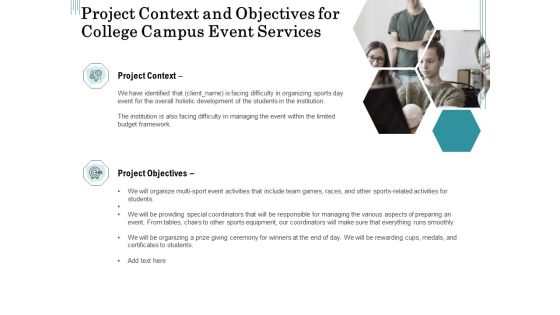 Promoting University Event Project Context And Objectives For College Campus Event Services Infographics PDF