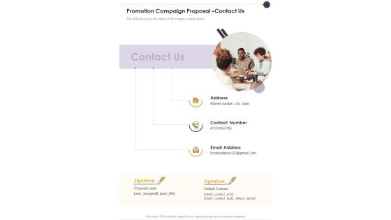 Promotion Campaign Proposal Contact Us One Pager Sample Example Document Promotion Campaign Proposal Contact Us One Pager Sample Example Document